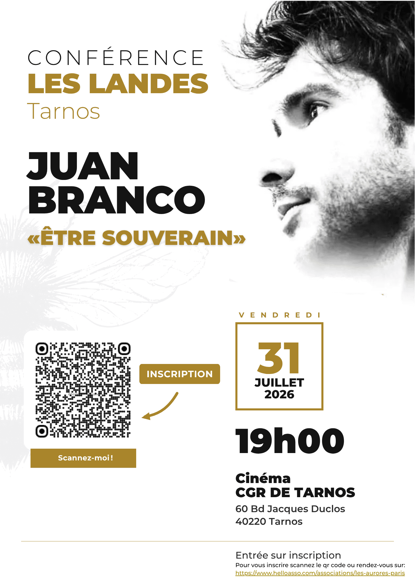 Affiche de Juan Branco dans les Landes (Tarnos) - « Être souverain »