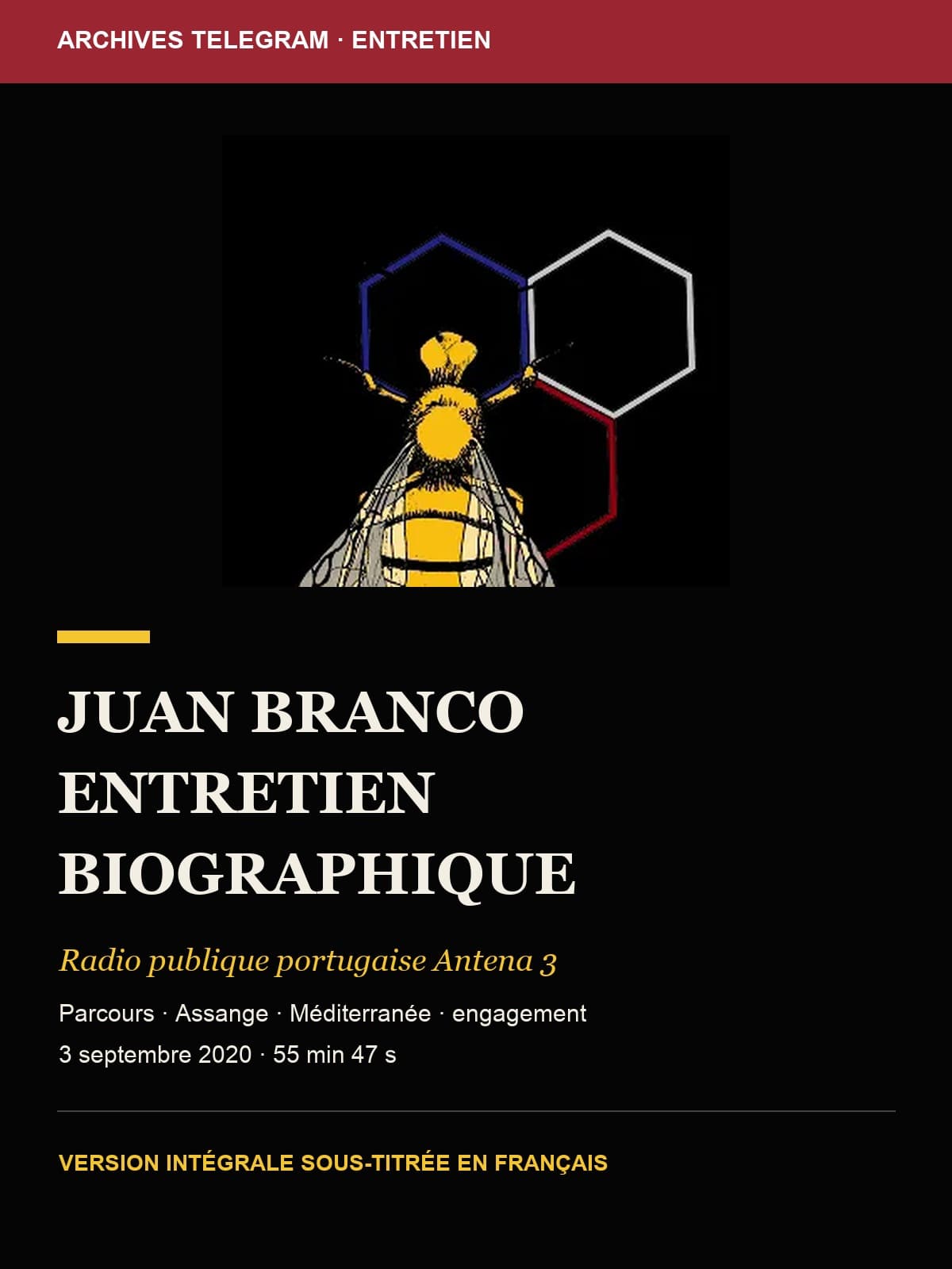 Couverture de Juan Branco sur Antena 3 — entretien biographique