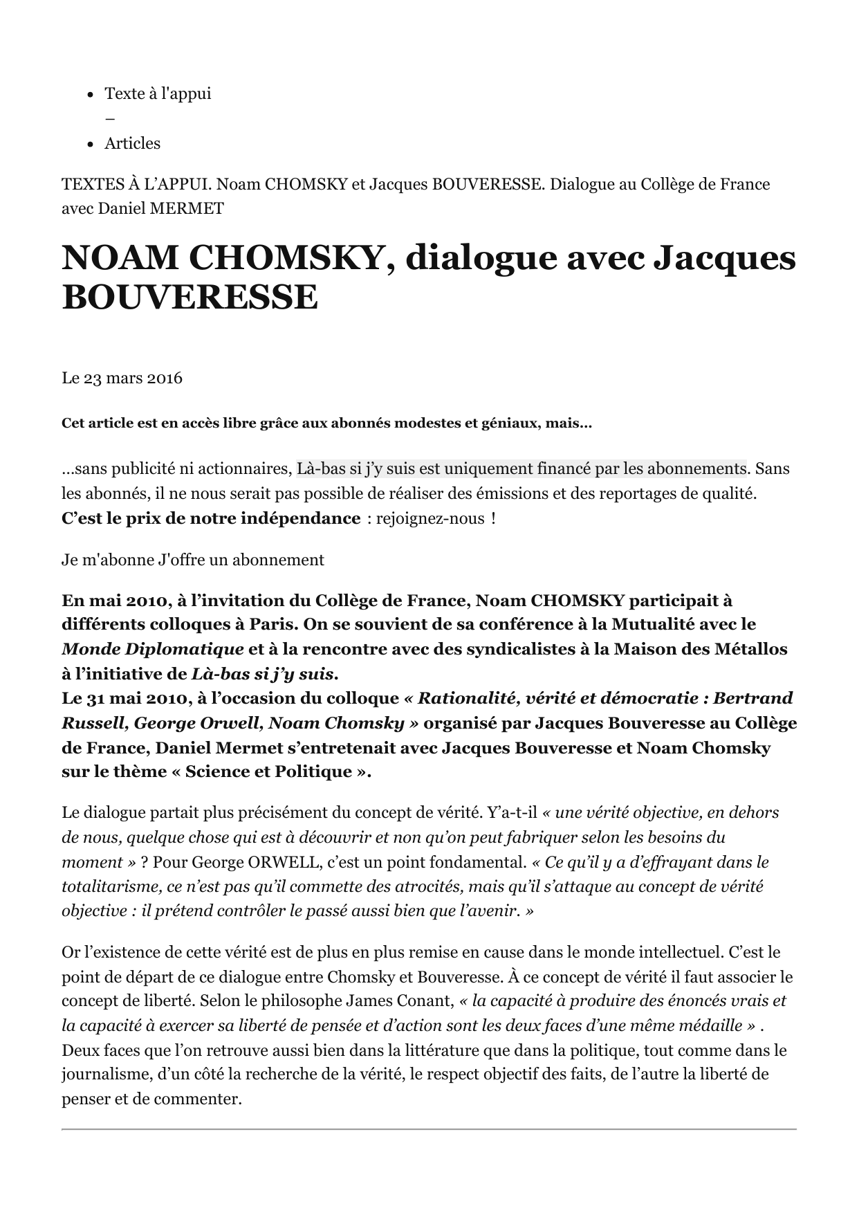 Couverture de La vérité — dialogue entre Noam Chomsky et Jacques Bouveresse