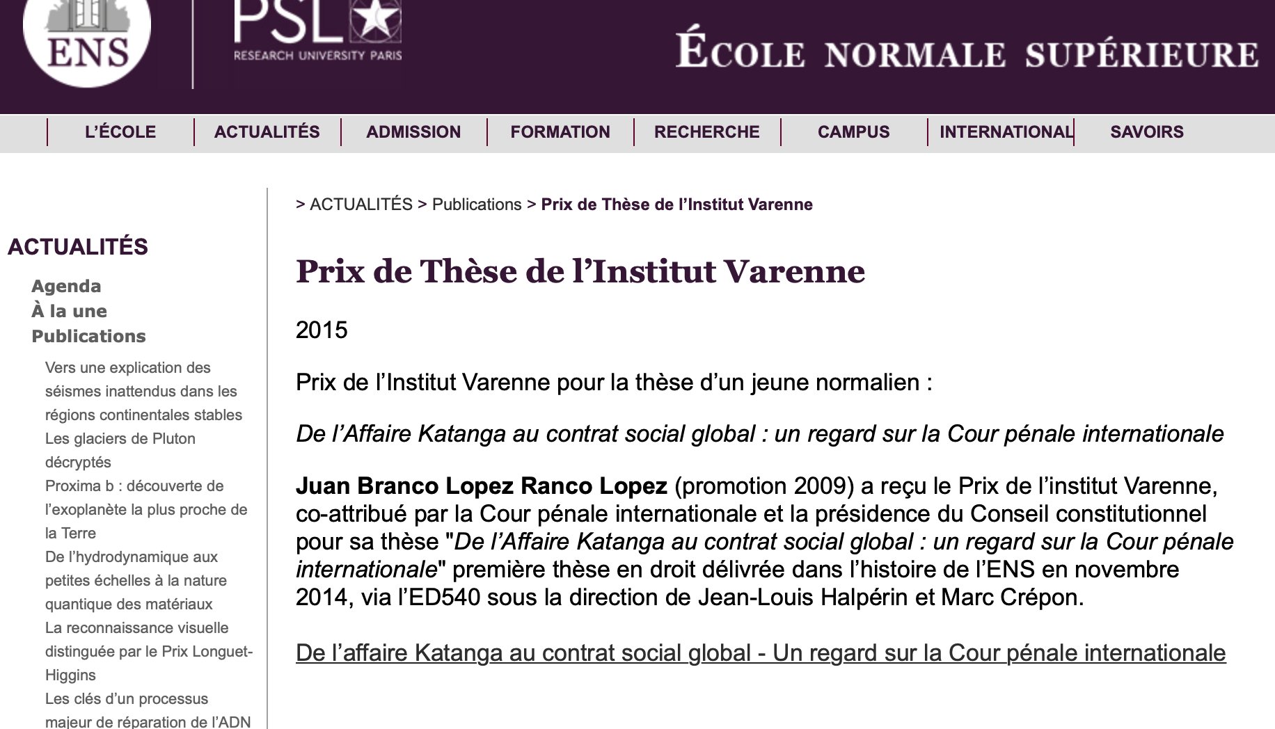 FAQ — Juan Branco a-t-il eu un prix de thèse du Conseil Constitutionnel et de la Cour pénale internationale ?